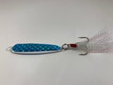 White/Blue Jigging Spoon with Dressed Treble Hook