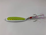 White/Chartreuse Jigging Spoon with Dressed Treble Hook